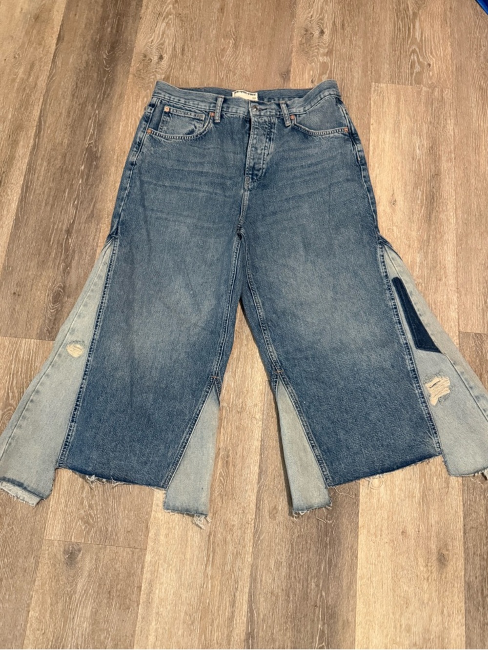 We The Free Two-Tone Blue Split-Hem Wide Leg Cropped Jeans